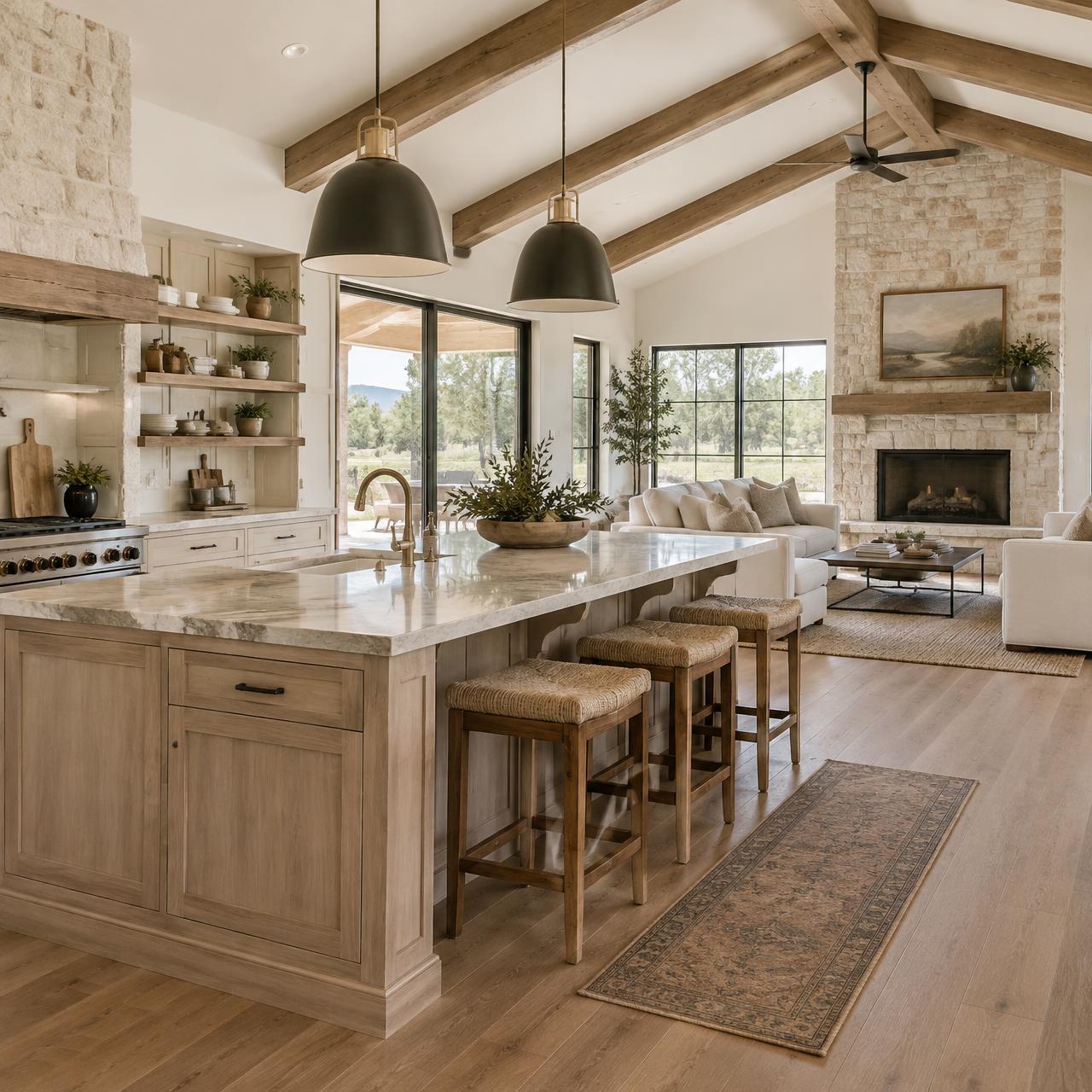 Bright open kitchen and living room in a single-story Texas home