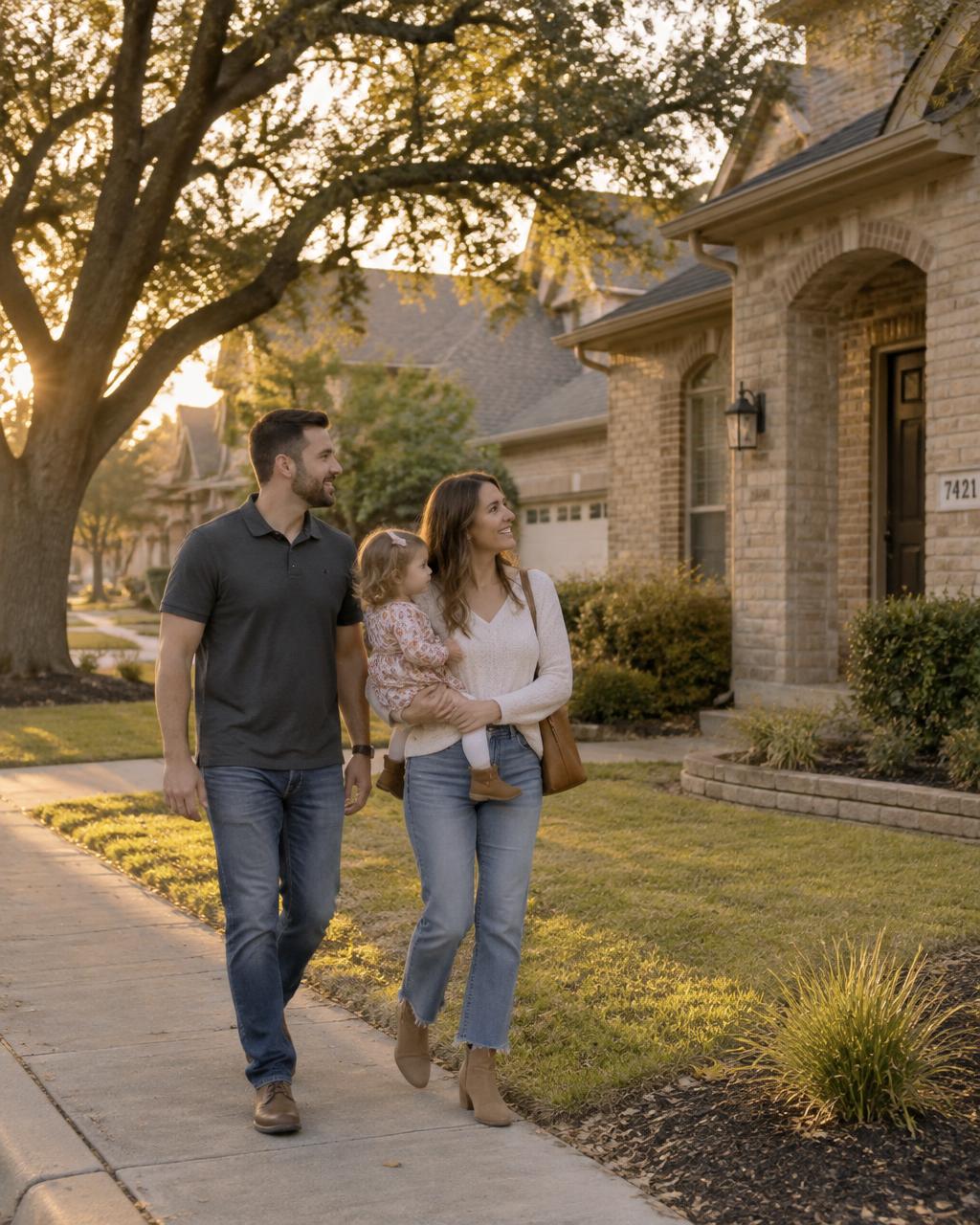 Young family in civilian clothes walking a Central Texas neighborhood street