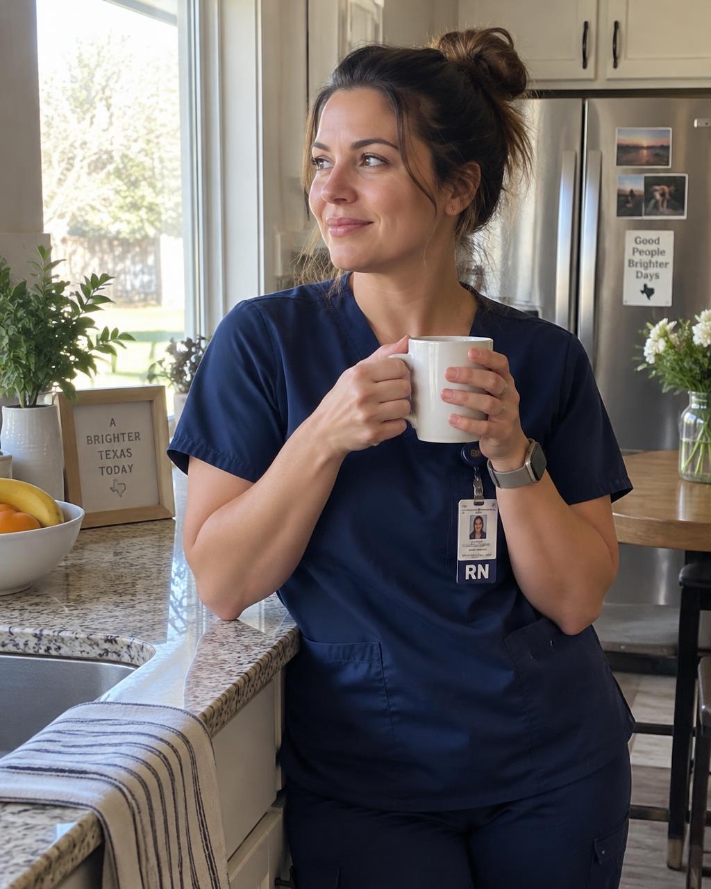 Nurse in scrubs relaxing with coffee in her kitchen at home