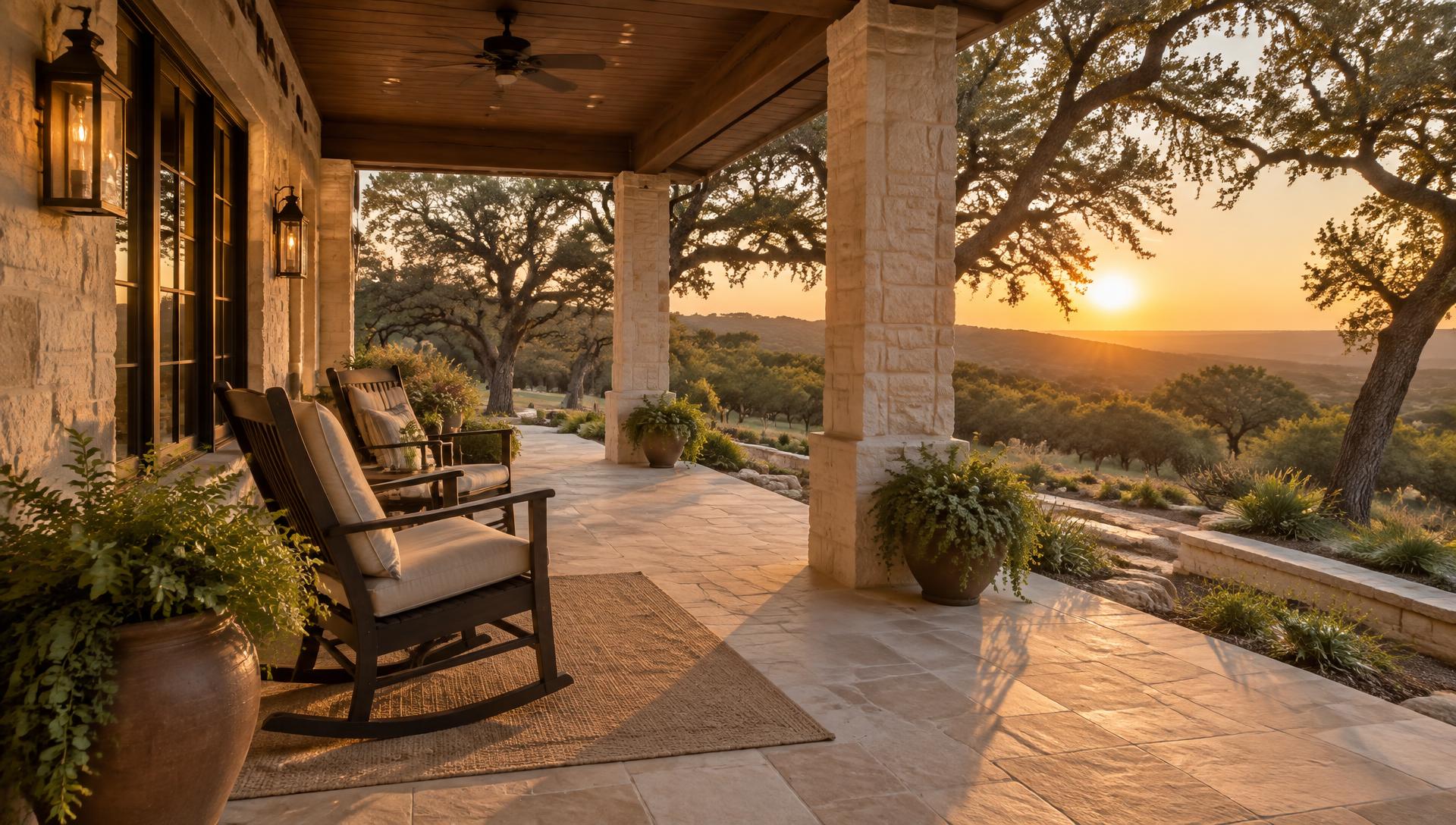 Limestone front porch with rocking chairs overlooking live oaks at golden hour