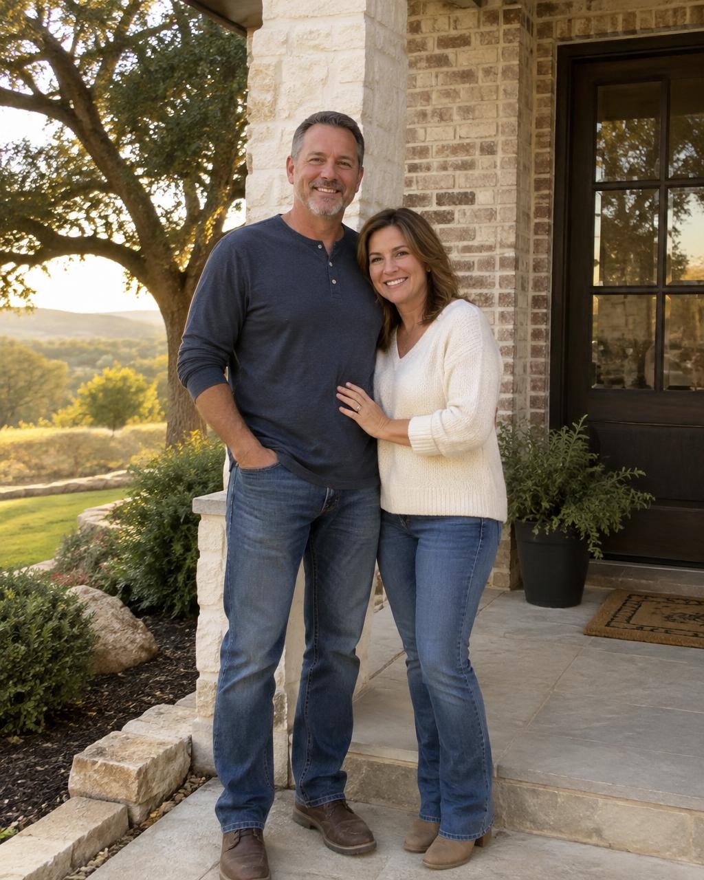 Veteran couple in civilian clothes on the porch of a brick and limestone home